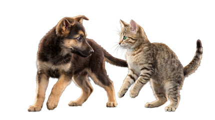 A delightful photograph featuring a German Shepherd puppy and a tabby kitten walking with curious expressions. © Ronald