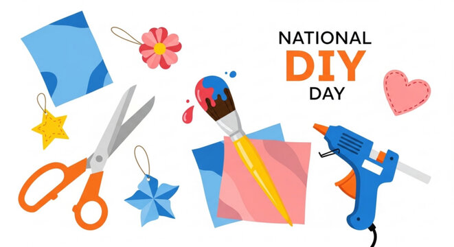 National diy day illustration with tools and craft supplies on white background