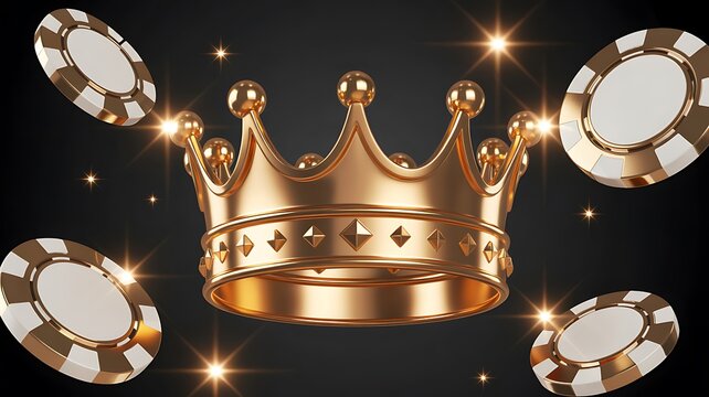 Golden Crown with Poker Chips on Dark Background Luxury Casino Victory Concept