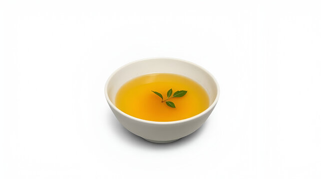 probity. A single bowl of golden consomme with a delicate herb leaf, minimalist and pure. menu design, packaging mockups, designed for food delivery and cloud-kitchen brand materials.