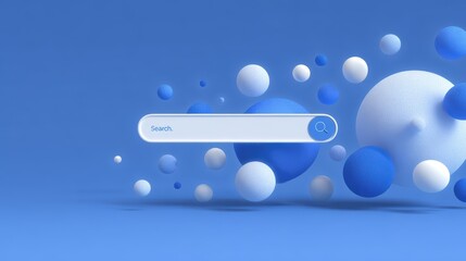 Minimal abstract background for online shopping e-commerce concept. Search bar surrounded with floating elements on blue background. 3d vector illustration