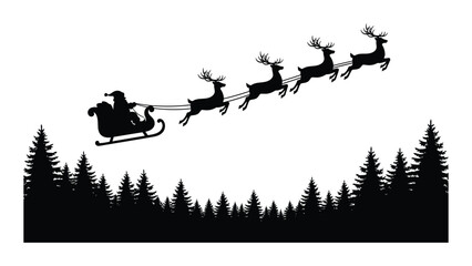 A festive holiday scene of santa claus riding in his sleigh pulled by reindeer across a winter sky above a dense forest © SILHUETTECHEMBER