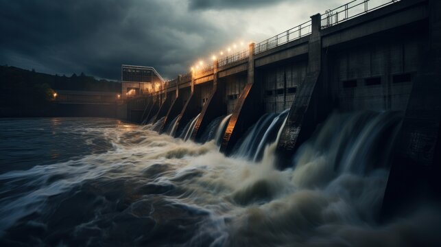 hydroelectric dam, water discharge through locks, river, power, energy, hydro, electricity, reservoir, flowing, waterfall, spillway, nature, industrial, environment,
