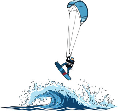 Professional Kiteboarder Riding Above Ocean Wave with Parachute