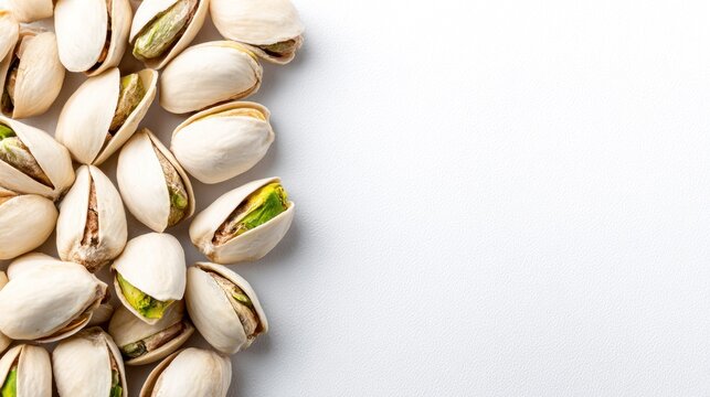 Many shelled pistachios are arranged along the left side of a bright white background with copy space