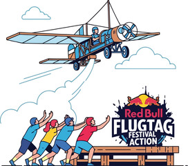 Colorful Illustration of Kids Flying Kite at Red Bull Flugtag Festival