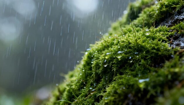 macro shot of water absorbing into thick velvety green moss surface