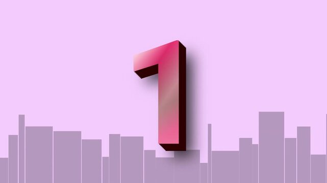 3D colorful countdown timer from five to one over a purple city skyline background