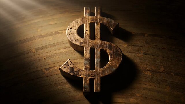 Metallic dollar symbol on wooden floor