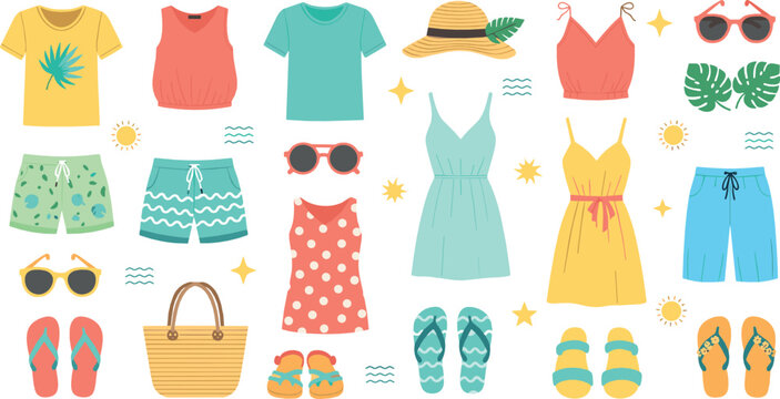Summer vacation clothing and beach accessories vector set with dresses, shorts, sandals, sunglasses, hat, bag and tropical fashion items