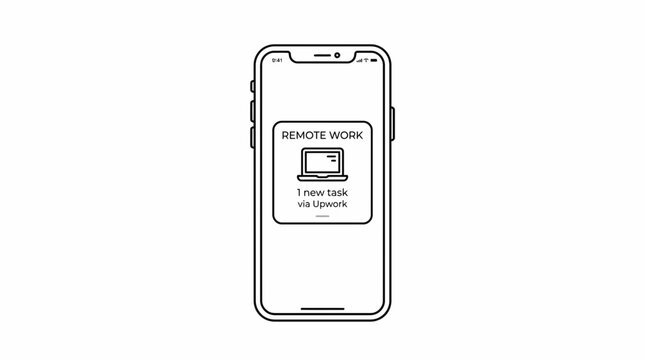 Minimalist outline vector icon of a smartphone displaying a remote work notification from Upwork, symbolizing mobile freelancing and online job opportunities.