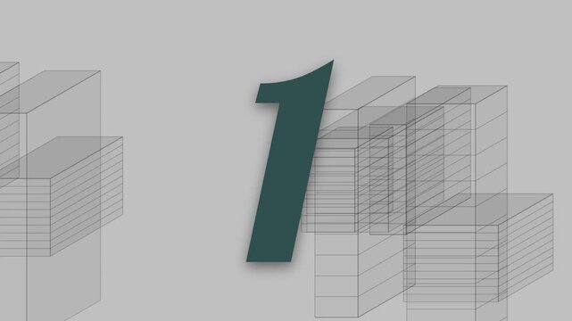 Minimalist colorful countdown timer from five to one over geometric architectural wireframes