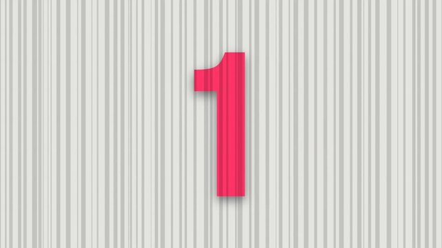 A colorful countdown timer from five to one against a gray and white striped backdrop