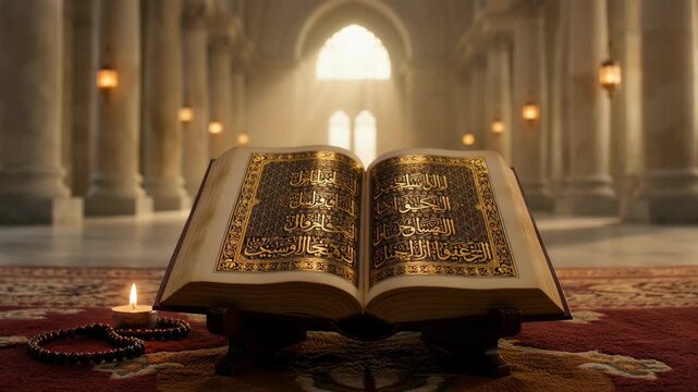 Open Quran with prayer beads and candle in a mosque