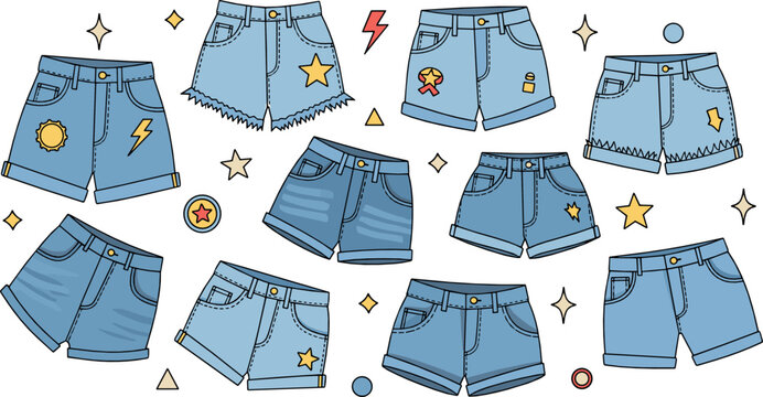 Women denim shorts collection vector illustration with trendy blue jean shorts, patches, stars and casual summer fashion clothing set