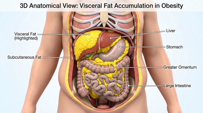 Detailed 3D anatomical view illustrating visceral and subcutaneous fat accumulation in human obesity around vital organs