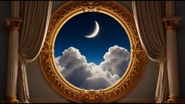 Ornate golden circular window frame looking out to night sky with crescent moon and clouds