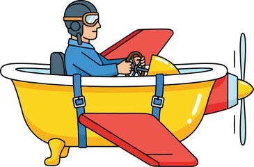 Cartoon Pilot Flying a Vintage Biplane with Passenger in Cockpit © SAIF820