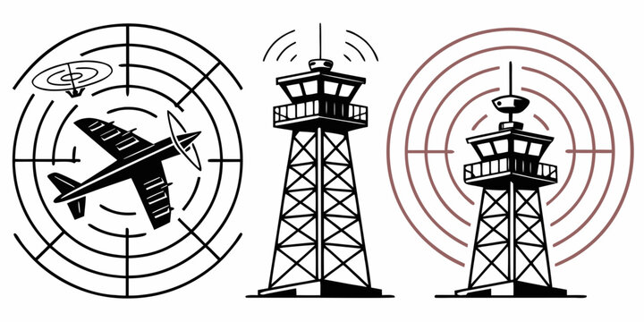 airplane and control tower with radar screens Vector