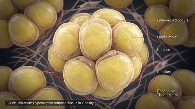 Microscopic 3D visualization of hypertrophic adipose tissue, revealing enlarged fat cells and cellular components in obesity