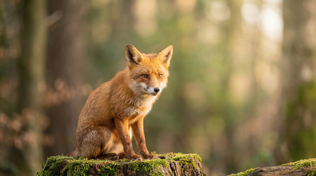 Renard roux debout dans une for&ecirc;t avec lumi&egrave;re naturelle