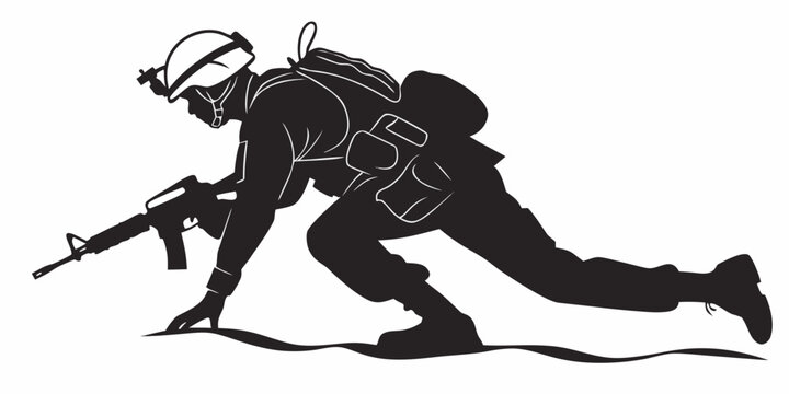 soldier in combat gear crawling with rifle Vector