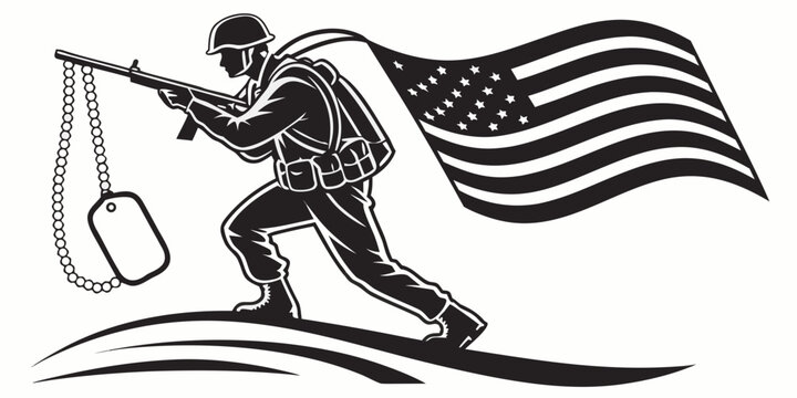 a soldier holding a gun and an american flag while skiing Vector