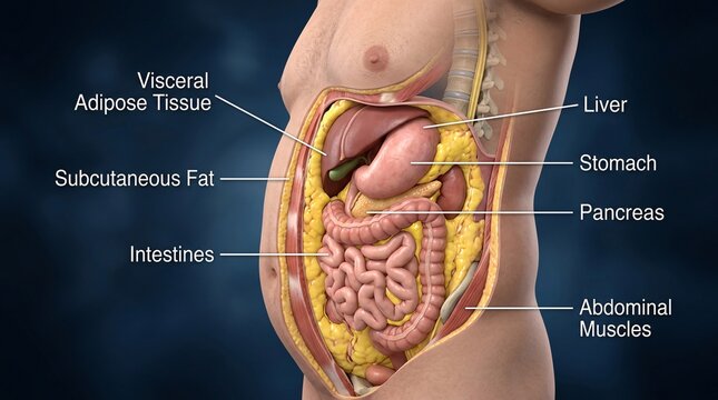 Comprehensive anatomical depiction of an overweight body, illustrating the distribution of visceral adipose tissue and subcutaneous fat around vital internal organs