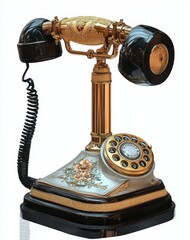 ornate gold and black vintage rotary telephone with floral painted base, coiled cord and glossy finish conveying elegant nostalgic charm