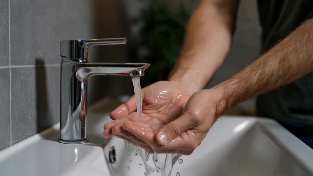 Man washing hands under running water from a modern chrome faucet in a clean sink