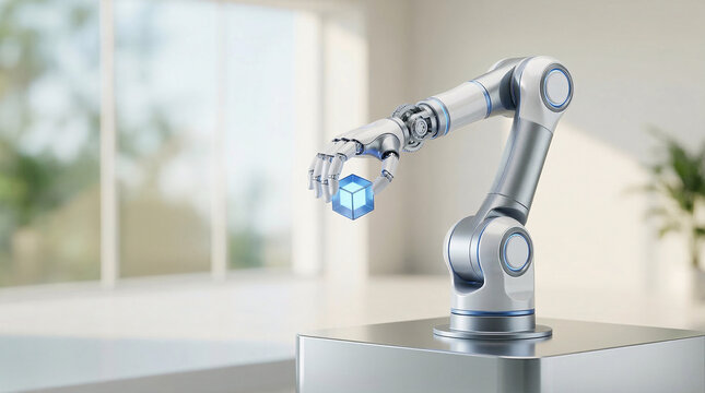 Bras robotique tenant un petit cube technologique