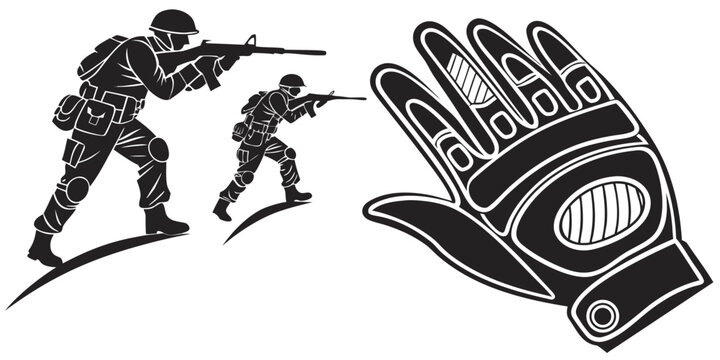 soldiers aiming at large robotic glove Vector