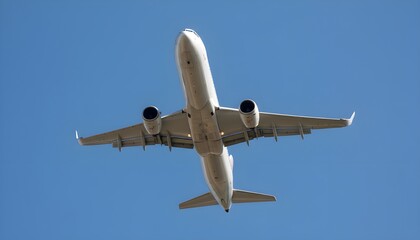 Commercial Passenger Airplane Flying Overhead Bottom View Isolated in Bright Sky Aviation Transportation Travel Concept