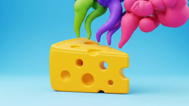 Fun cartoon animation of smelly cheese with colorful abstract scent clouds rising from the holes against a blue background.
