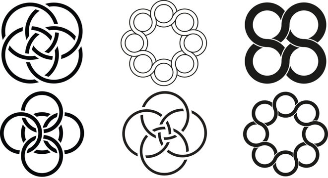 Abstract interlocking geometric circles and rings outline silhouette vector logo icon set.