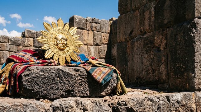 Gleaming golden Inca sun emblem rests on carved ancient stones surrounded by colorful Andean textiles to celebrate Inti Raymi in Peru.