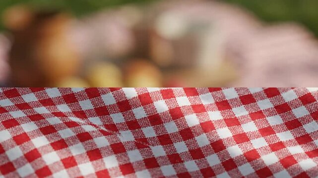 Red and white checkered picnic blanket with soft background of food and green grass creating a cheerful aesthetic