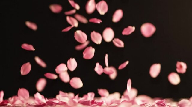 Falling pink rose petals against a black background creating a romantic and delicate floral texture