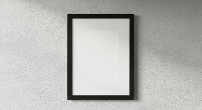 A minimalist black wooden photo frame with a white mat board hanging on a rough textured white plaster wall, creating a modern interior gallery look.