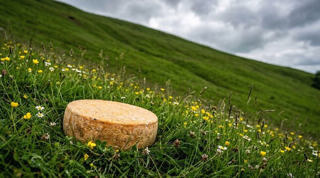 Large heavy wheel of Double Gloucester cheese rests in lush wild green grass surrounded by small yellow wildflowers in the countryside.