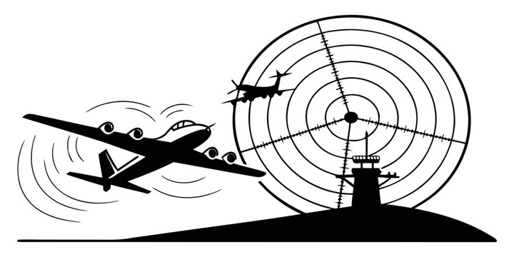 a small plane flying near a radar tower Vector