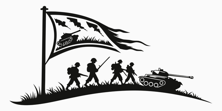 soldiers marching with a tank and a flag Vector