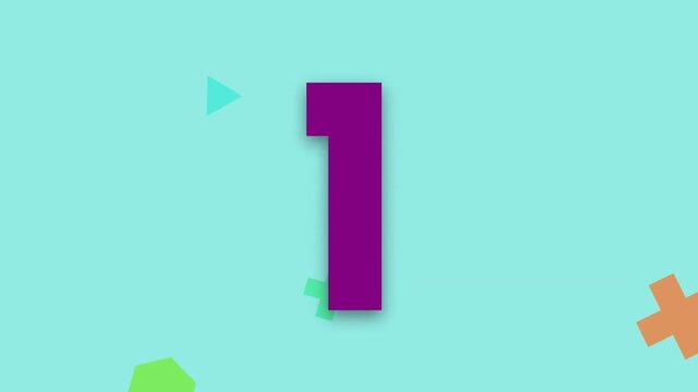 A colorful countdown timer from five to one with animated geometric shapes on a blue background