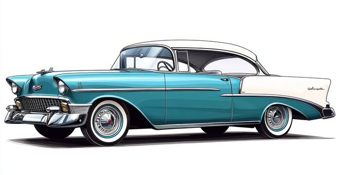 turquoise and white two-tone vintage 1950s classic car side profile with chrome bumpers, whitewall tires and polished hubcaps, nostalgic elegant retro styling