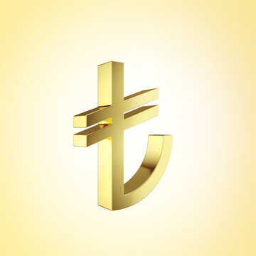 3D rendering of a golden Turkish Lira currency symbol (TRY) isolated on a light yellow gradient background, concept for Turkish economy, finance, and investment.