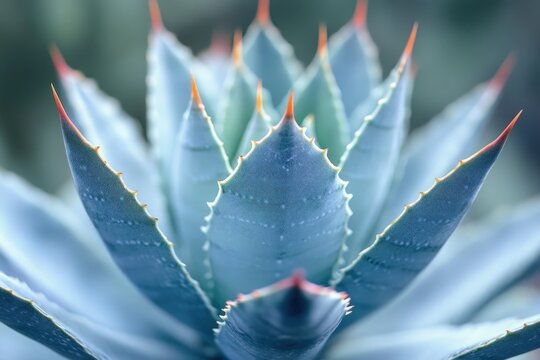 serene close-up of blue-green succulent rosette with pointed spiky leaves and warm orange tips