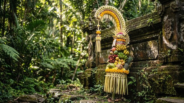 Beautifully woven palm frond penjor decoration draped with tropical fruits and yellow flowers rests against a mossy stone wall in Bali.