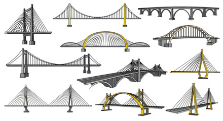 Collection of Diverse Bridge Designs: Suspension, Cable-Stayed, Arch, and Beam Bridges
