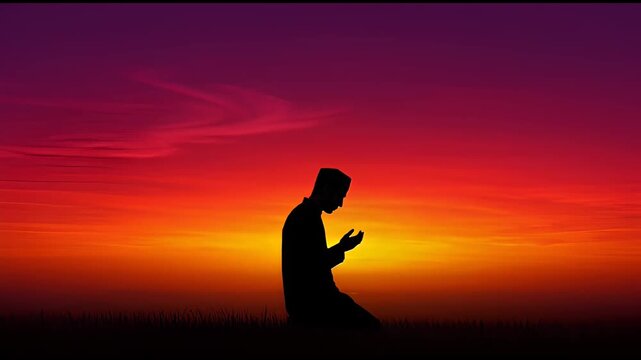 Silhouette of a Muslim Man Praying at Sunset