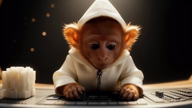 Small monkey wearing a hoodie working on a computer keyboard